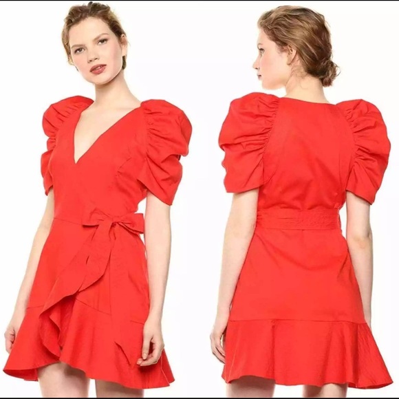 C/MEO COLLECTIVE motivations' Puff Sleeve Ruffle Hem Wrap Dress In Red - Picture 2 of 8